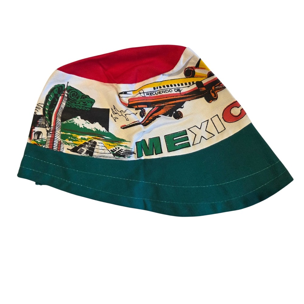 Vintage 70s Recuerdo De Mexico Bucket Hat Souvenir Folk Art Jetliner Mexico